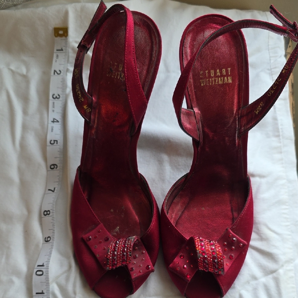 Stuart Weitzman Ruby Red Peep-Toe Sling Back Heel… - image 1